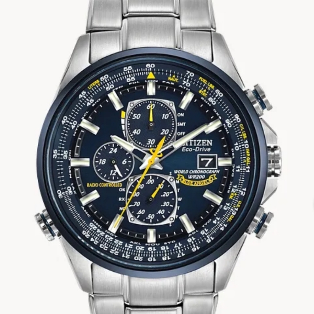 NEW Mens Citizen Eco-Drive Silver and Blue World Chronograph WR200 Watch